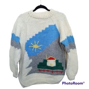 Vintage Wool Handknit Novelty Crew Neck Sweater